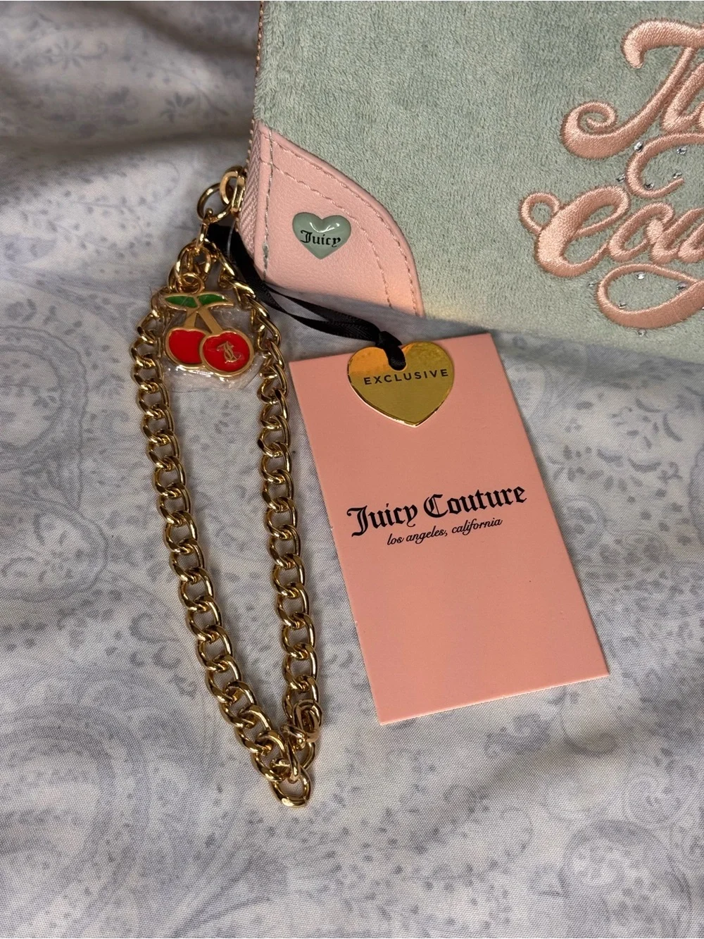 Juicy Couture Soft Terrycloth Mint with Pink Embroidered Logo Wristlet Wallet